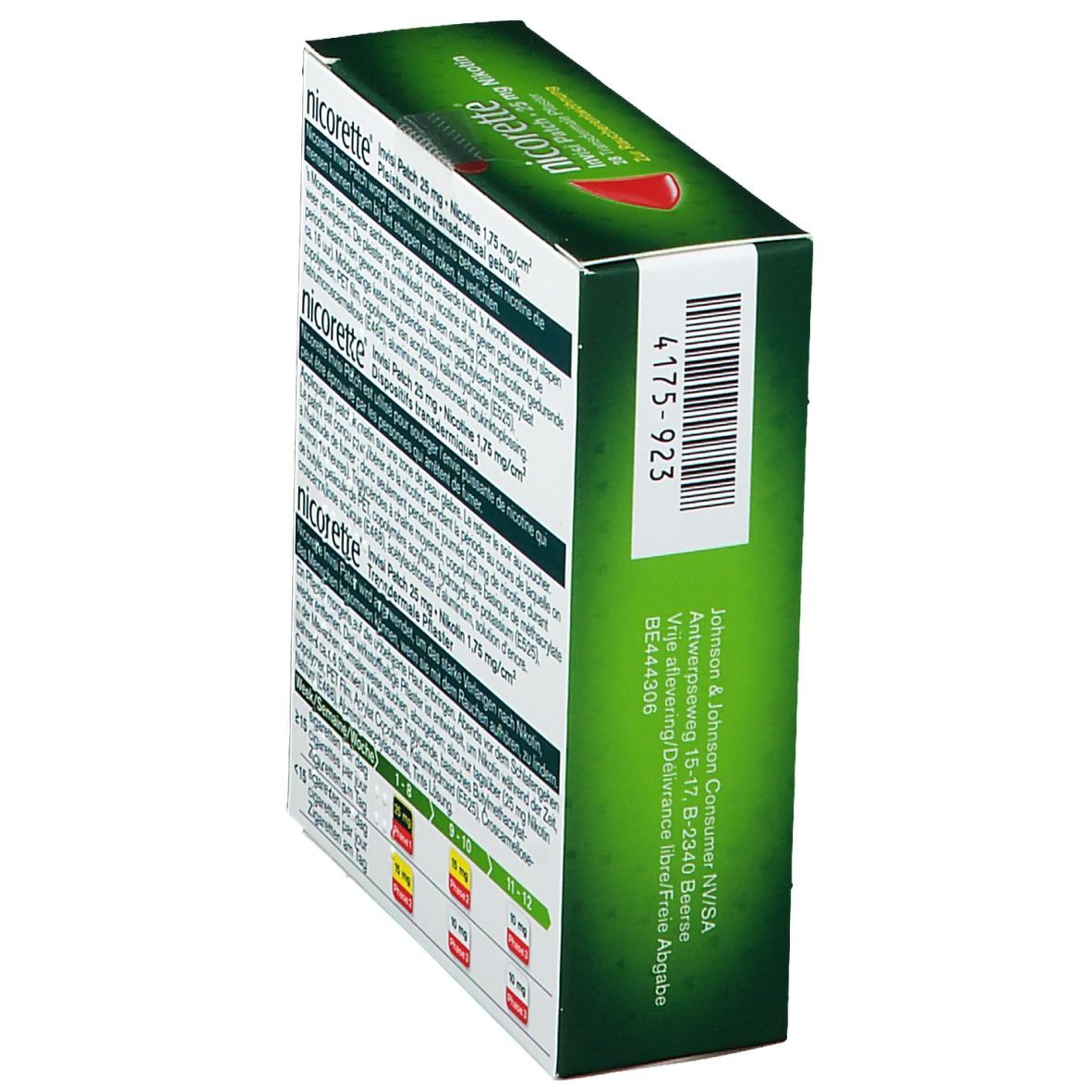 Côté de l'emballage Nicorette Invisi Patch. Code-barres et coordonnées du fabricant.