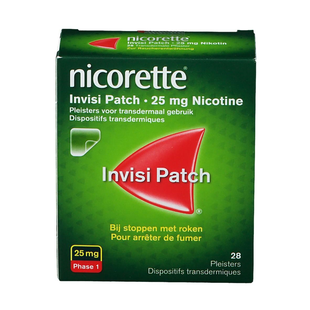 Boîte de Nicorette Invisi Patch 25 mg Nicotine. Emballage vert, logo rouge et informations produit.