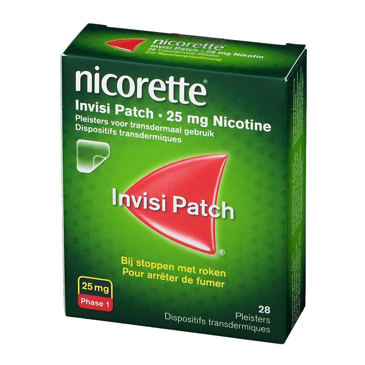 Boîte de Nicorette Invisi Patch 25 mg Nicotine. Emballage vert, logo rouge et informations produit.