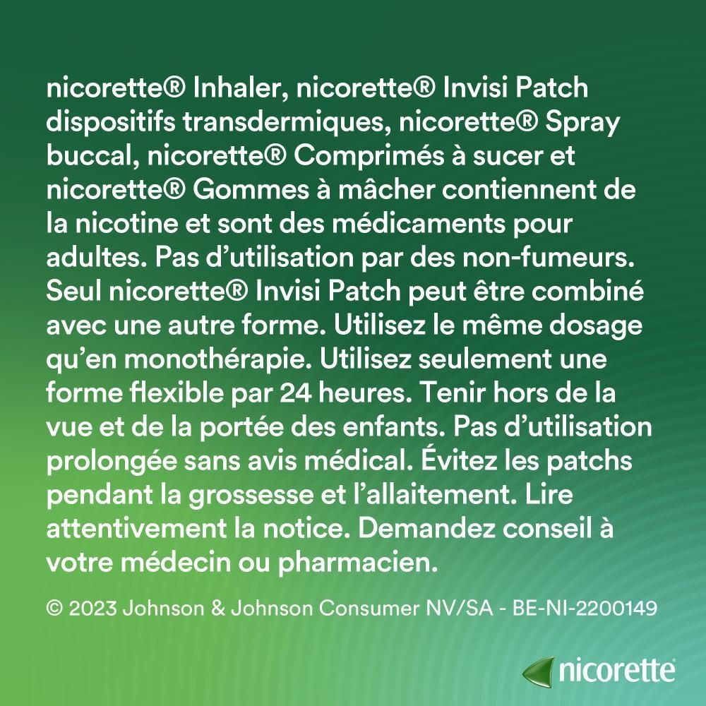Texte sur fond vert. Informations sur d'autres produits Nicorette et avertissements.