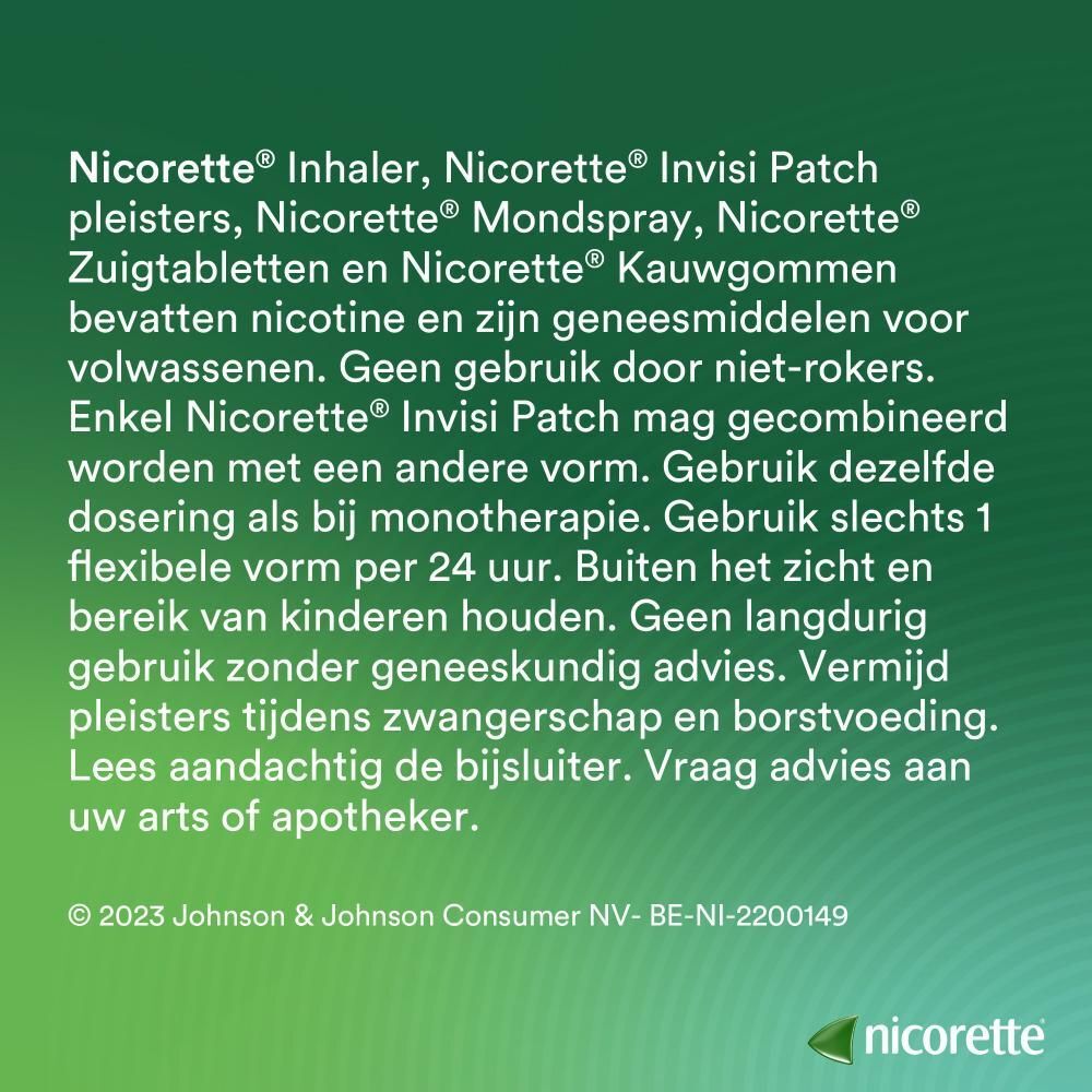 Tekst op groene achtergrond. Informatie over andere Nicorette producten en waarschuwingen.