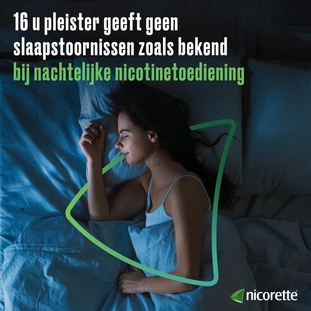 Persoon slaapt. Tekst: 16 u pleister geeft geen slaapstoornissen.