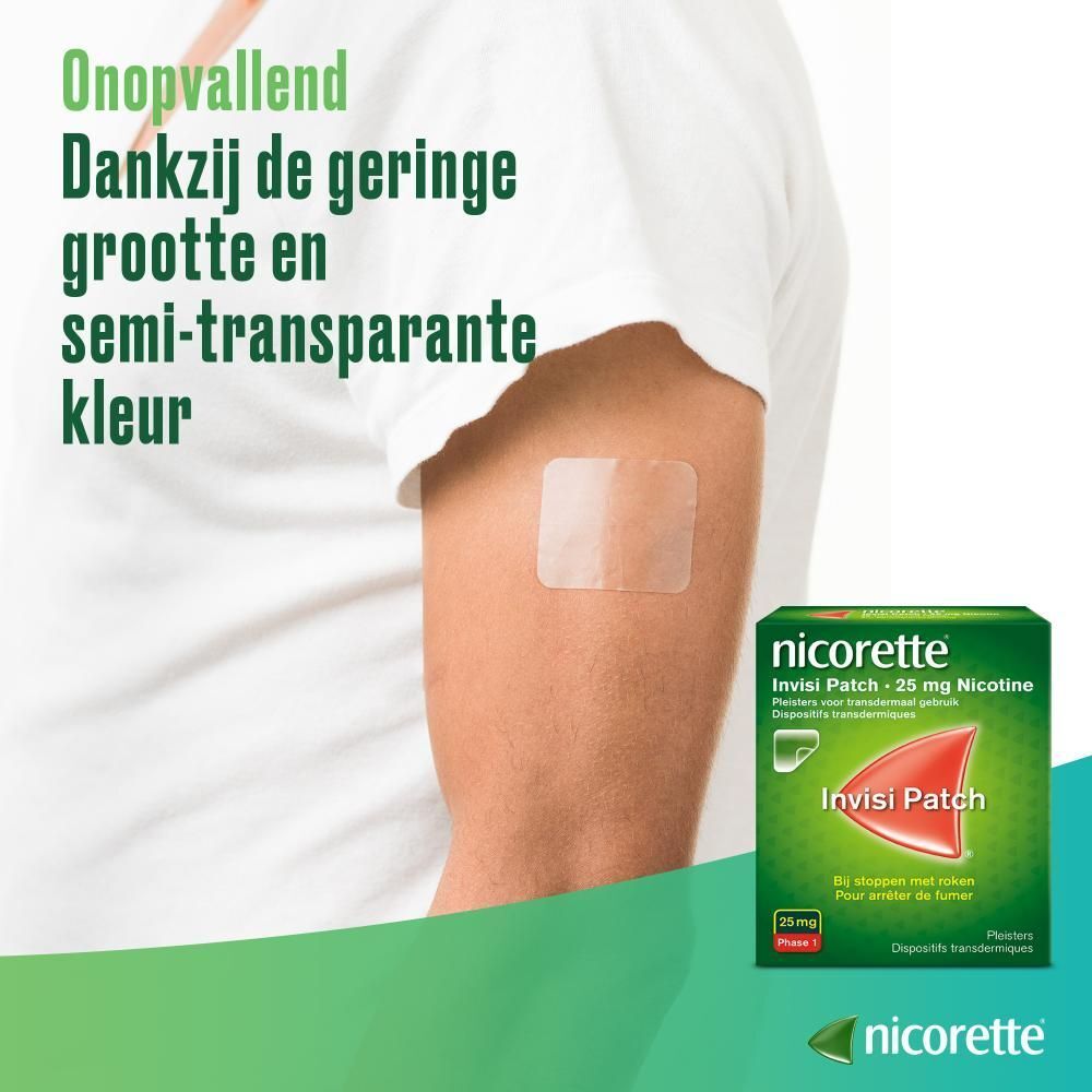 Arm met pleister. Tekst: Dankzij de geringe grootte en semi-transparante kleur.