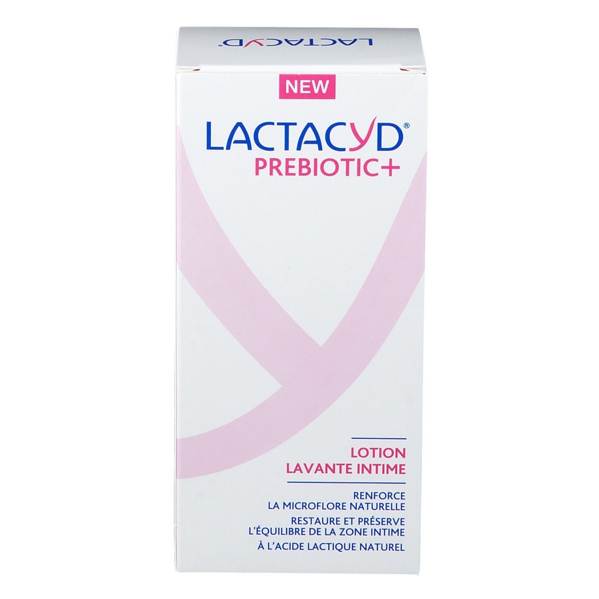Witte verpakking met roze elementen. Bovenin "NEW", daaronder "LACTACYD PREBIOTIC+". Franse tekst: "Lotion lavante intime".