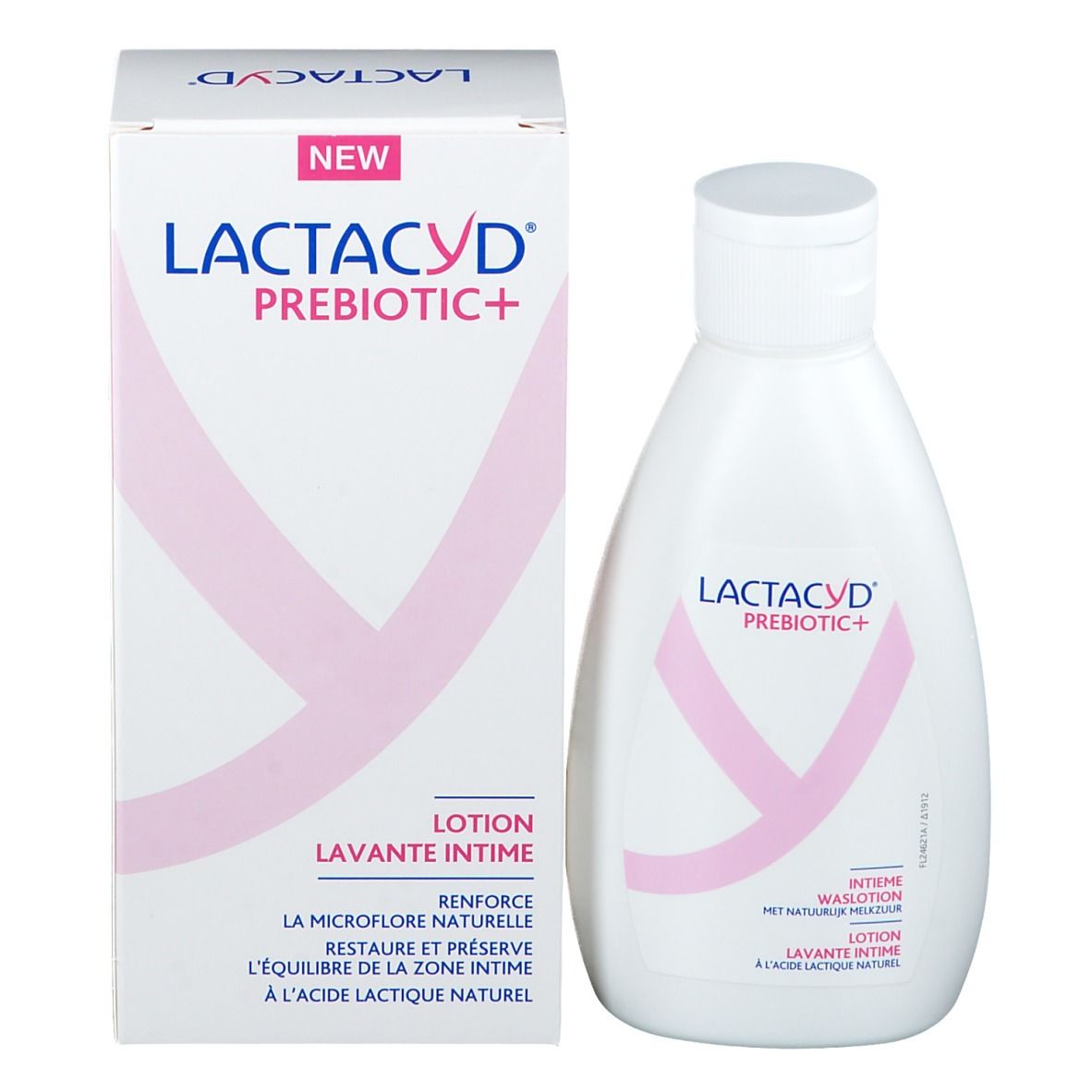 Witte fles en verpakking. Fles met witte dop, naast de verpakking. Op de fles staat "LACTACYD PREBIOTIC+".