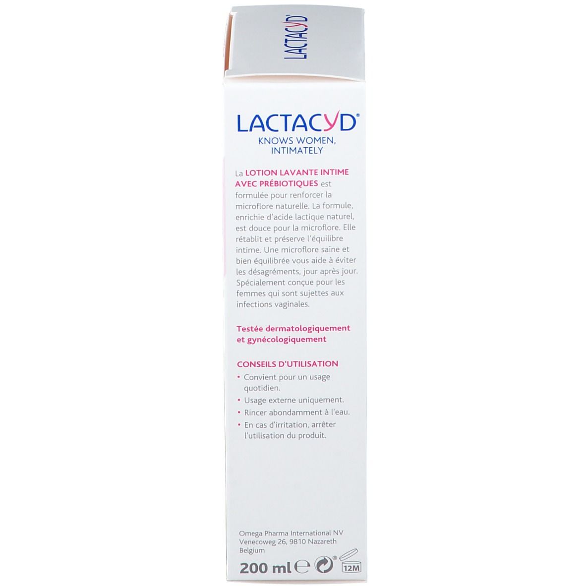 Achterkant van de verpakking. Franse tekst, informatie over ingrediënten en gebruiksaanwijzing. 200 ml.