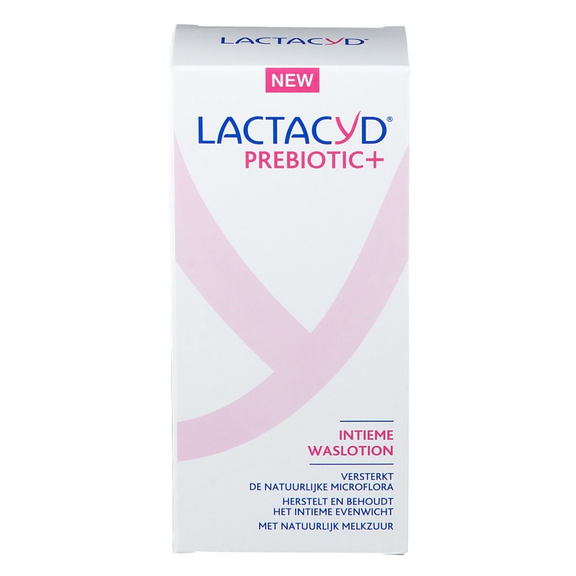 Witte verpakking met roze elementen. Bovenin "NEW", daaronder "LACTACYD PREBIOTIC+". Nederlandse tekst: "Intieme waslotion".