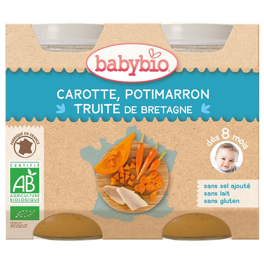 Verpakking Babybio Wortel, Pompoen & Forel. AB-keurmerk. Vanaf 8 maanden. Zonder zout, melk, gluten.