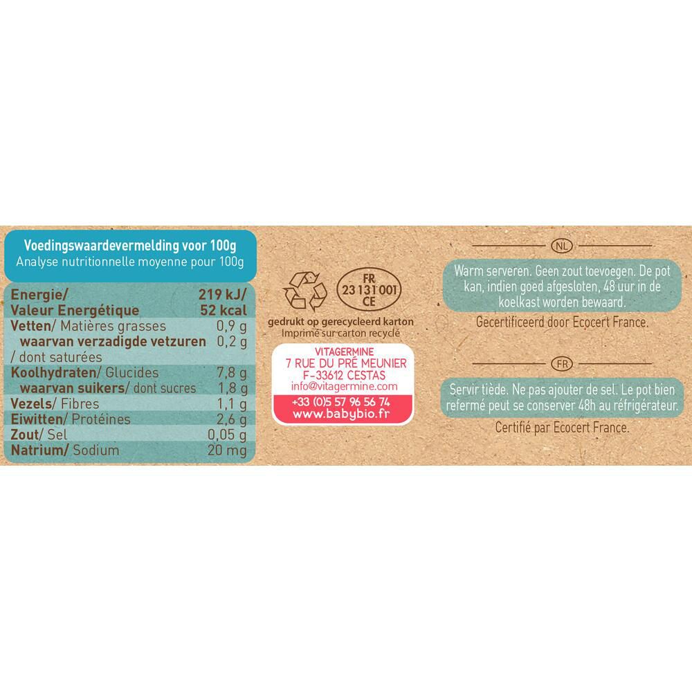 Achterkant verpakking met voedingswaarden en contactgegevens van Babybio.