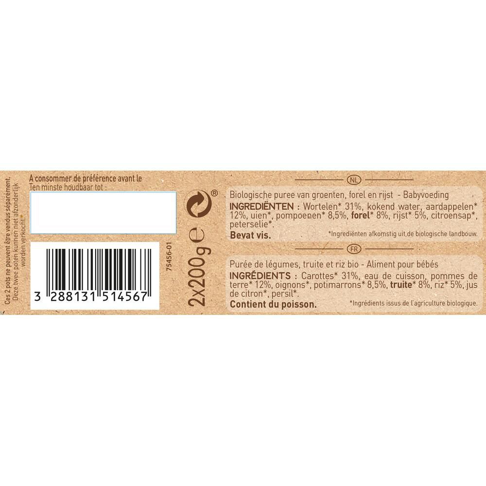 Achterkant verpakking met ingrediëntenlijst en meer info over Babybio.