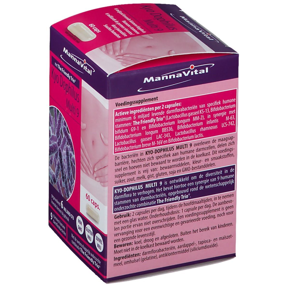 Dos de la boîte de Kyo Dophilus Multi 9. Ingrédients, conseils d'utilisation. Logo MannaVital. 60 gélules. Sans gluten, OGM.