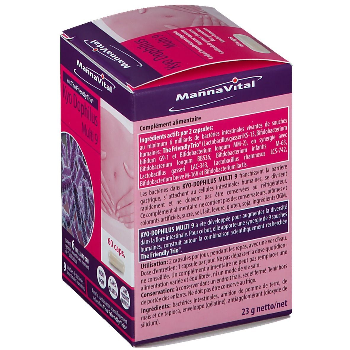 Dos de la boîte de Kyo Dophilus Multi 9. Ingrédients, conseils d'utilisation. Logo MannaVital. 23 g net.