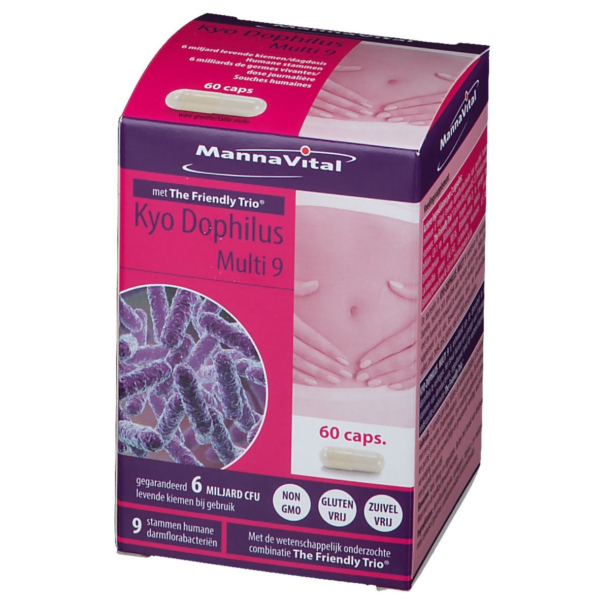 Boîte de Kyo Dophilus Multi 9. Logo MannaVital. 60 gélules. Visuel de bactéries. Texte: 6 milliards CFU, sans gluten.