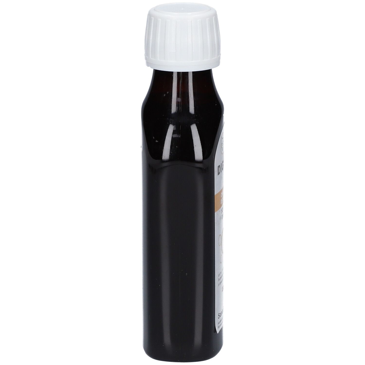 Bruine glazen fles met witte dop, zijaanzicht. Geen andere details zichtbaar.