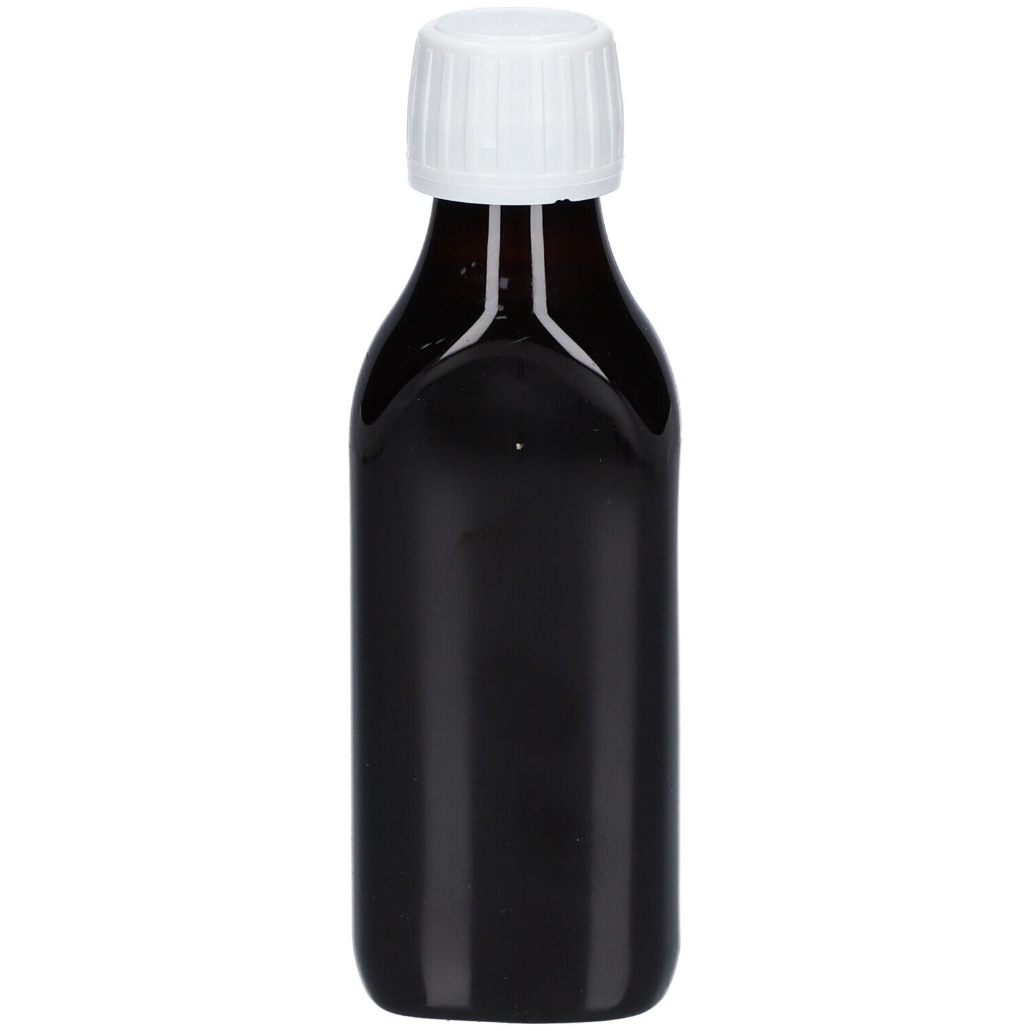 Bruine glazen fles met witte dop. Geen andere details zichtbaar.