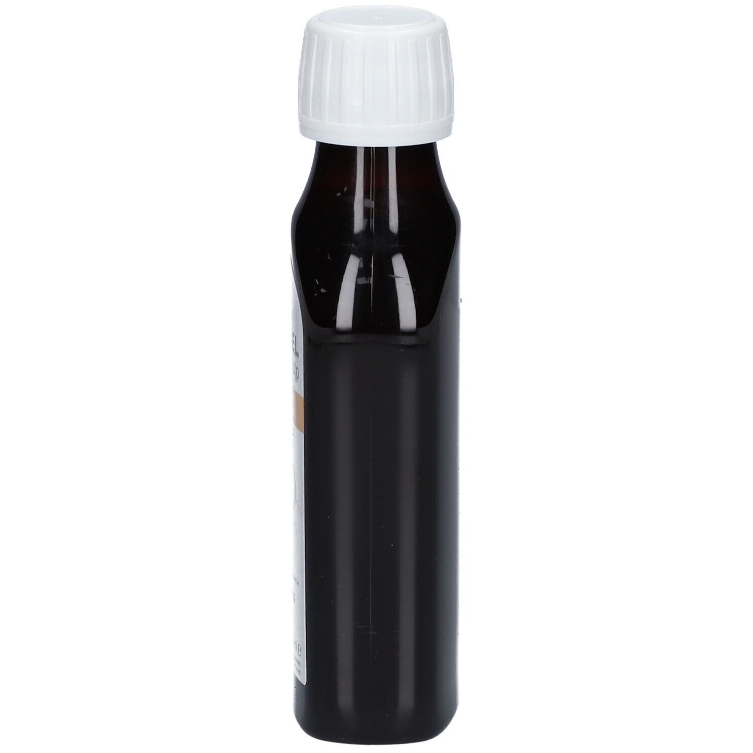 Bruine glazen fles met witte dop, zijaanzicht. Geen andere details zichtbaar.