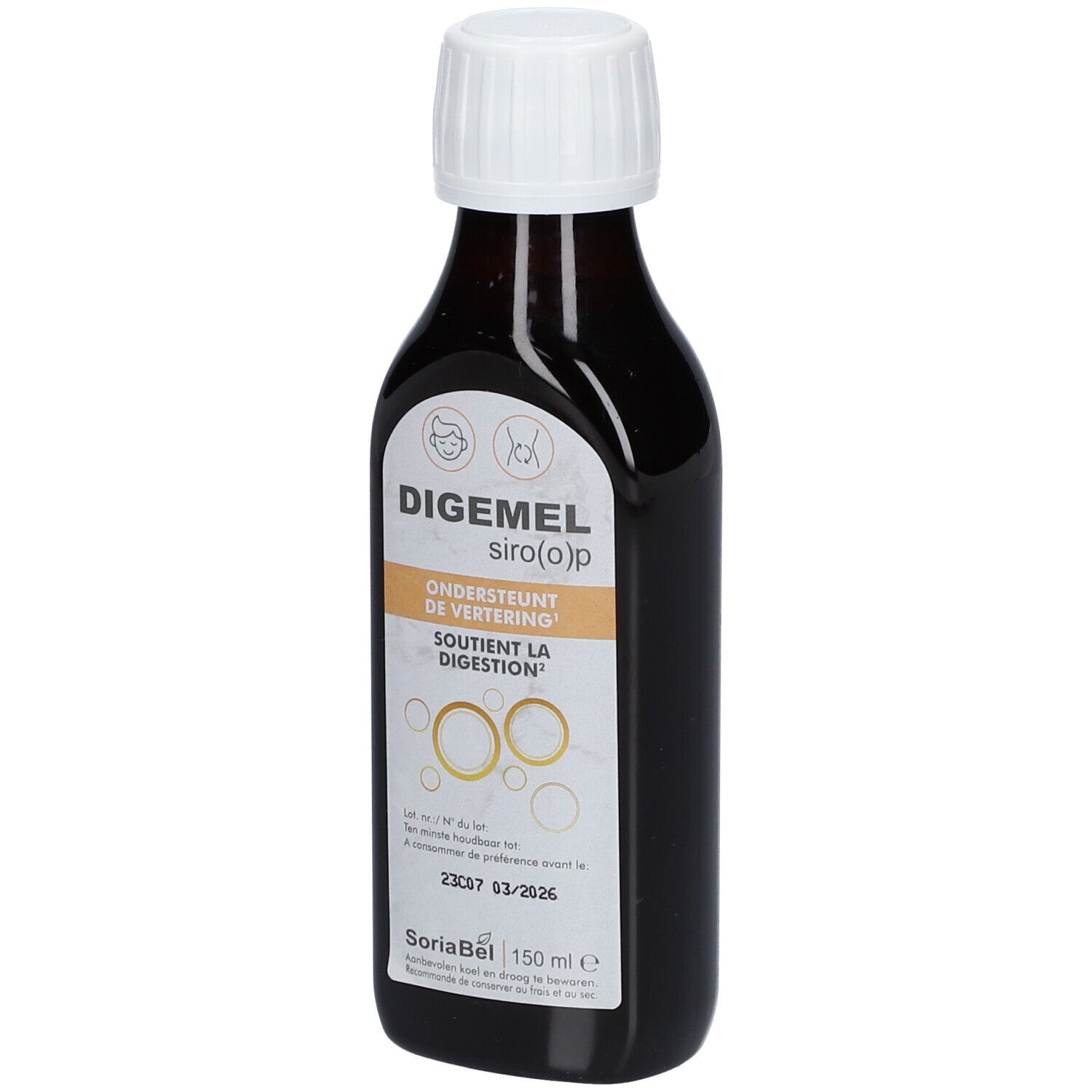 Bruine glazen fles met witte dop. Etiket met tekst: DIGEMEL siro(o)p, ondersteunt de spijsvertering. SoriaBel.