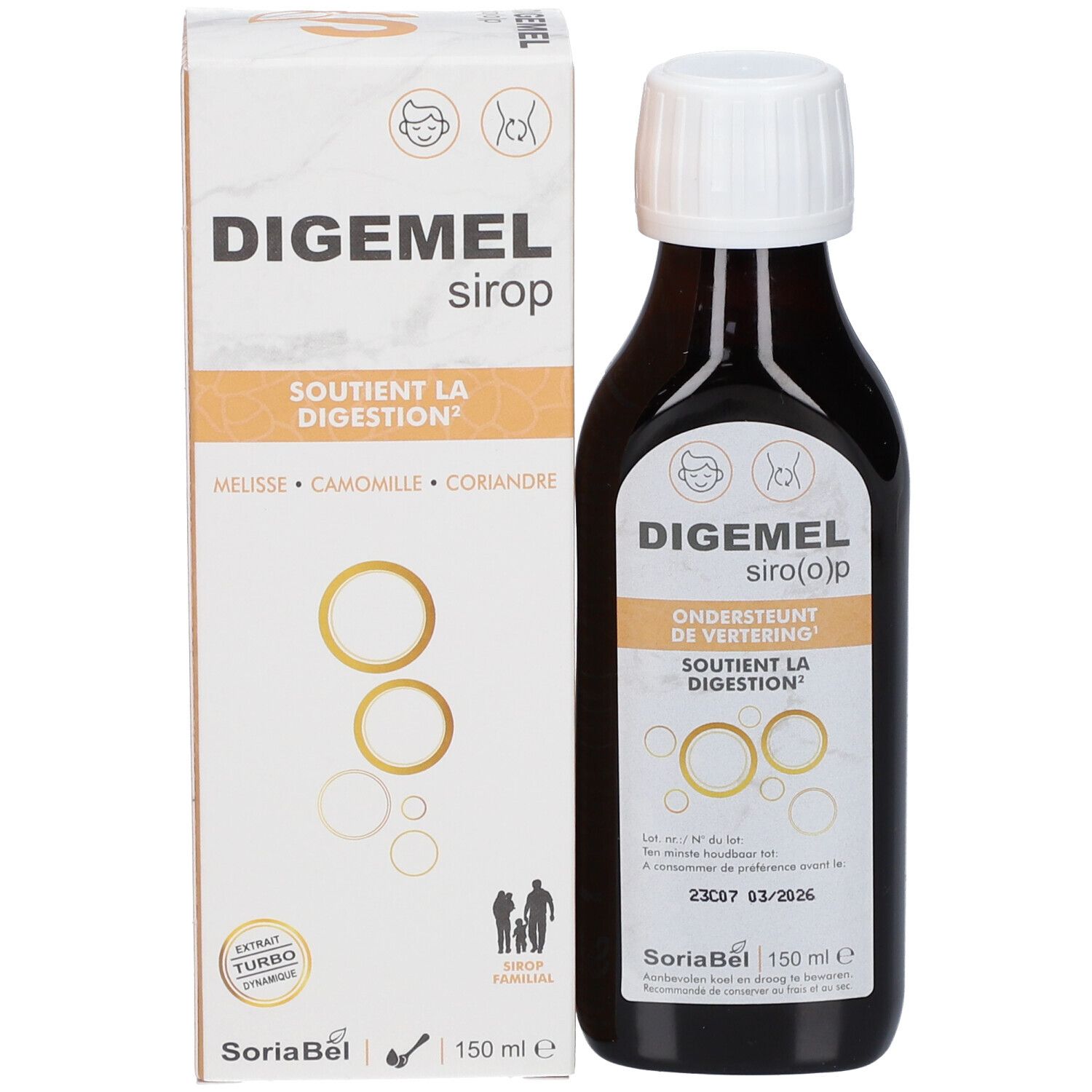 Productverpakking en fles. Verpakking met tekst: DIGEMEL siro, ondersteunt de spijsvertering. SoriaBel. Fles ernaast.