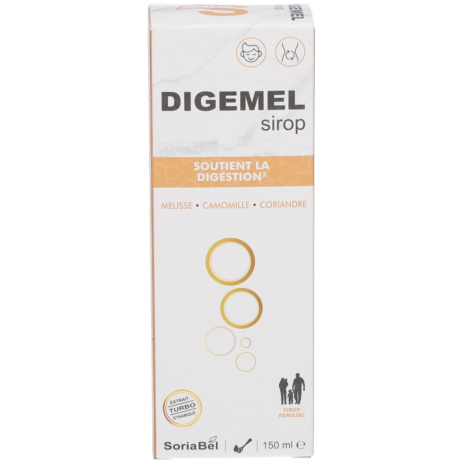 Productverpakking met tekst: DIGEMEL siro, ondersteunt de spijsvertering. SoriaBel. Met illustraties en logo.