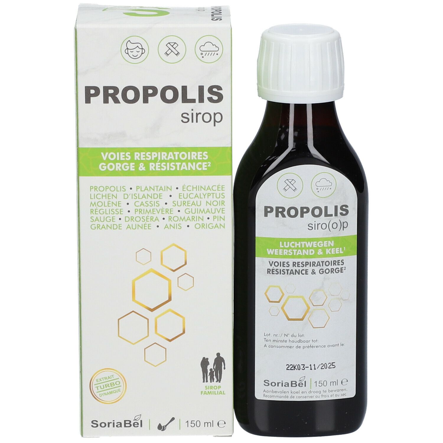 Flacon et emballage du produit. Emballage avec nom du produit, texte et logo. 150 ml.