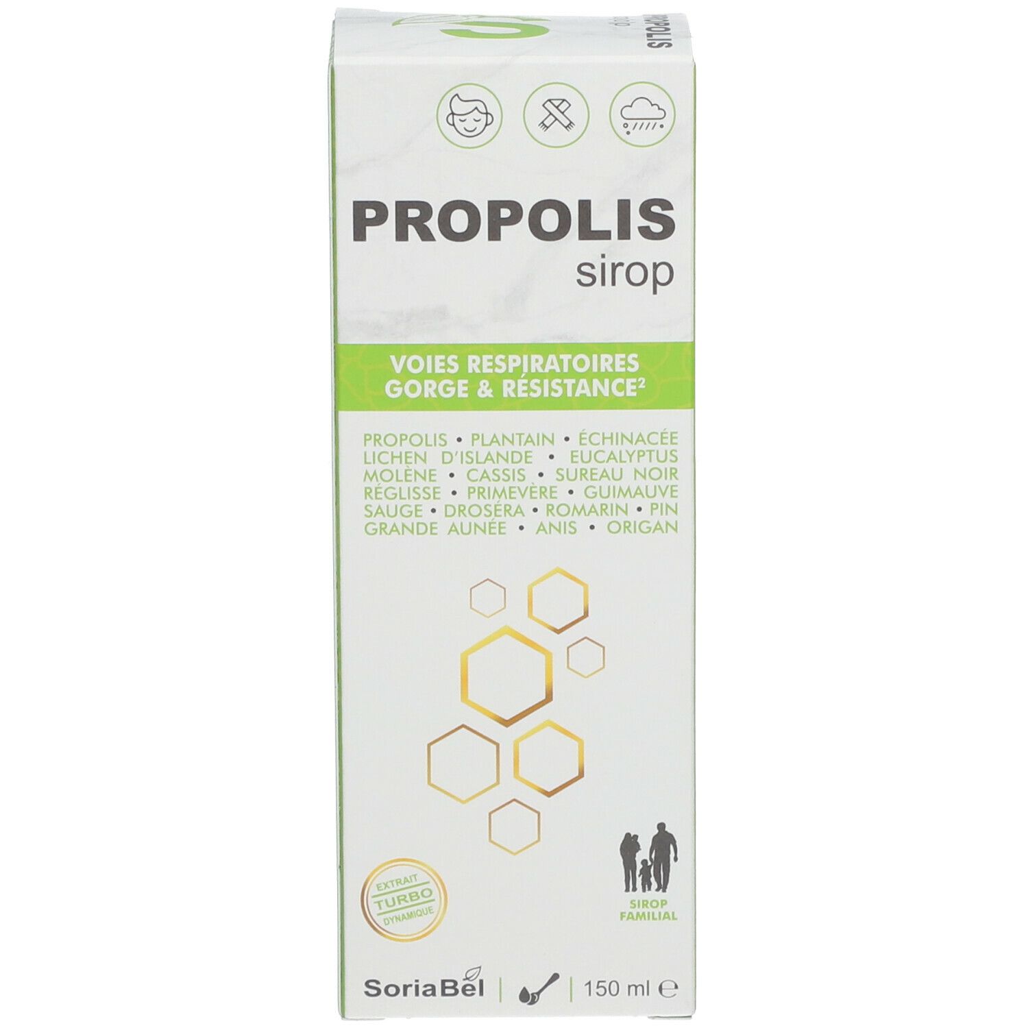 Emballage du produit. Emballage avec nom du produit, texte et logo. 150 ml.