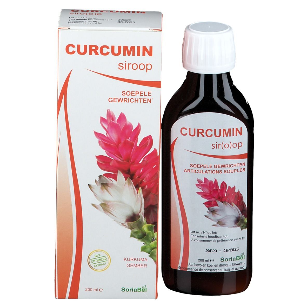 Emballage du produit avec flacon. Inscription: Curcumin siroop. Illustration d'une fleur. Texte: Soepele gewrichten. Flacon avec bouchon blanc.