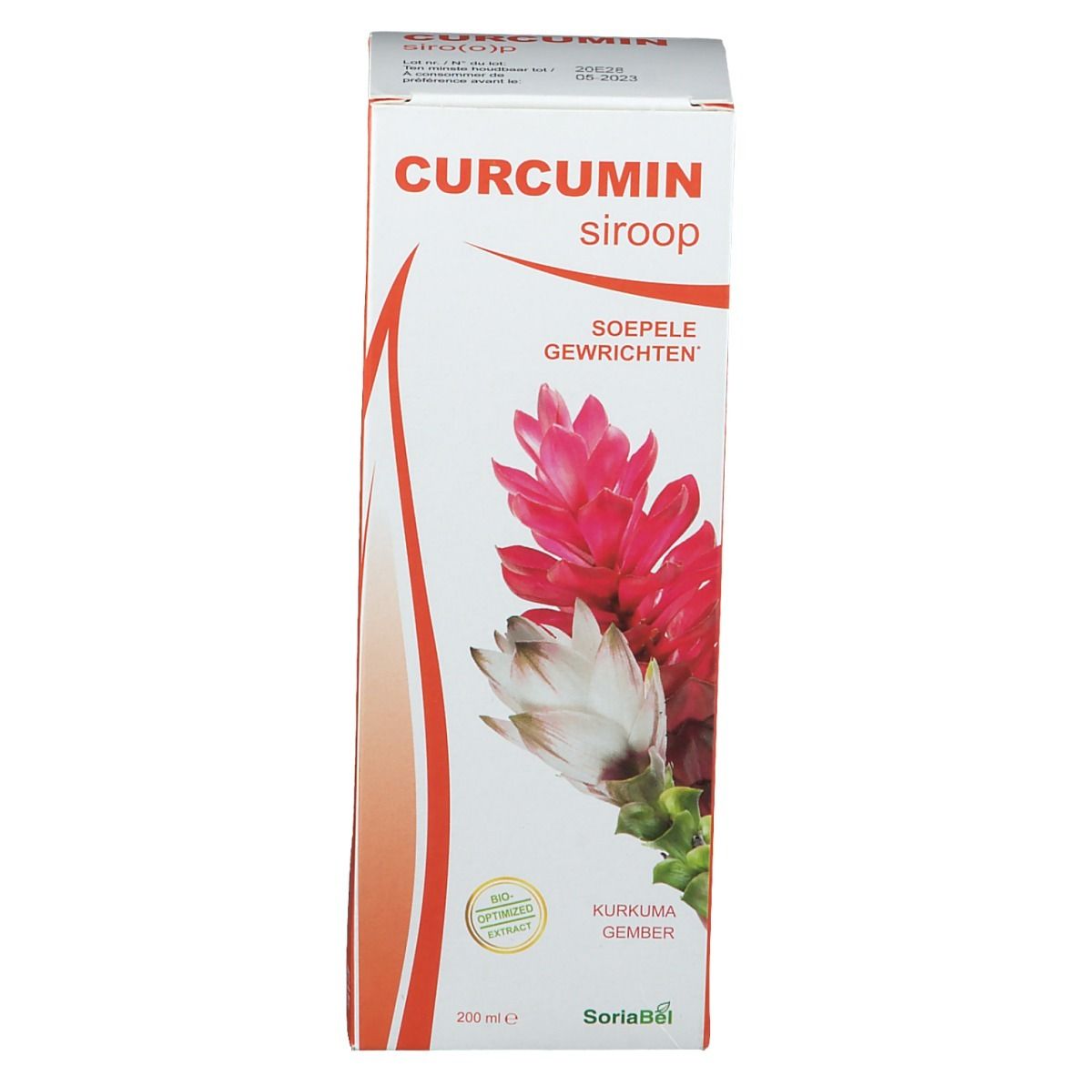 Emballage du produit. Inscription: Curcumin siroop. Illustration d'une fleur. Texte: Soepele gewrichten. En bas: Kurkuma gember.