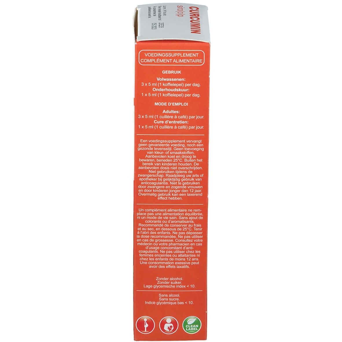 Emballage du produit, dos. Texte: Voedingssupplement, Gebruik, Mode d'emploi. Informations sur l'utilisation et les ingrédients.