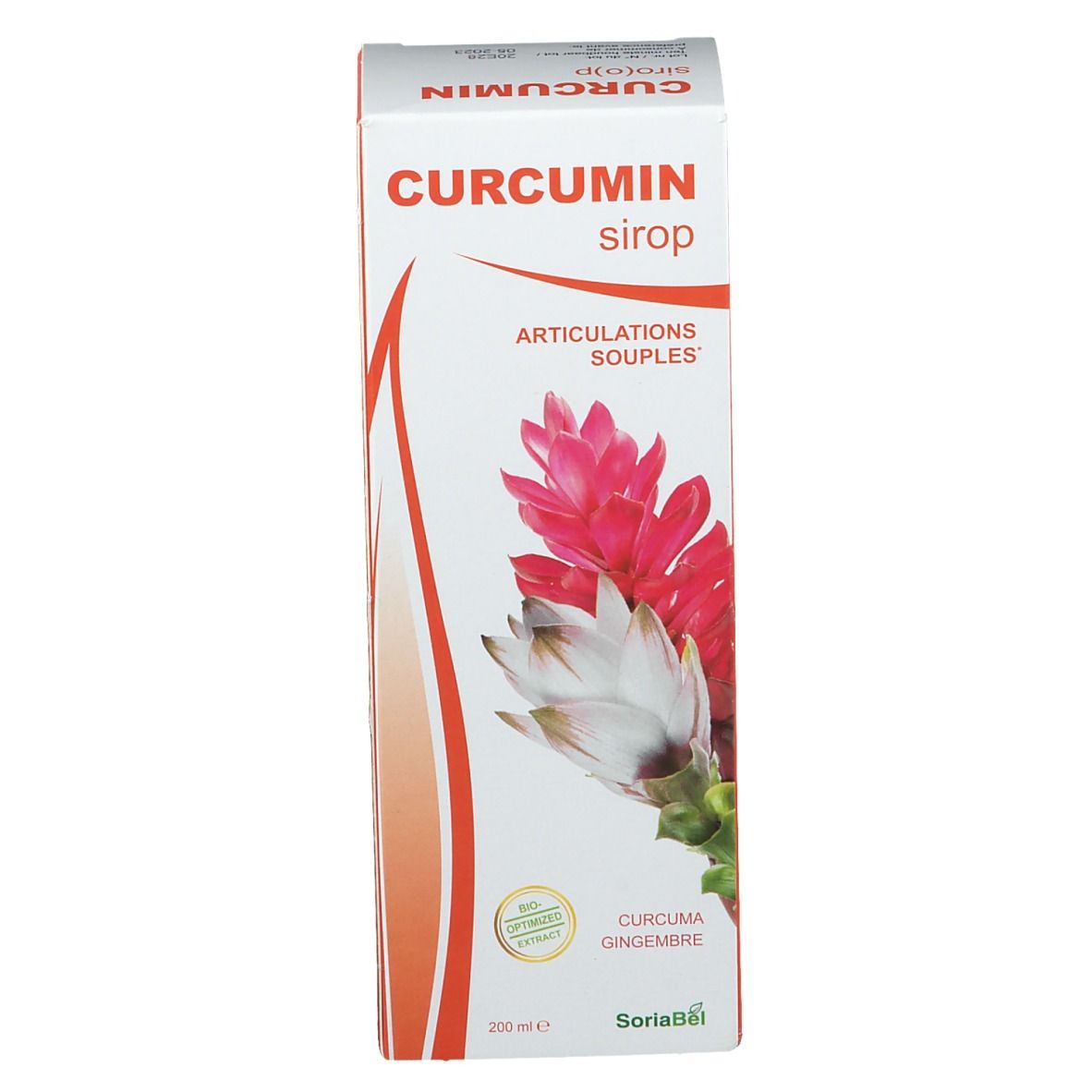 Emballage du produit. Inscription: Curcumin siroop. Illustration d'une fleur. Texte: Articulations souples. En bas: Curcuma gingembre.