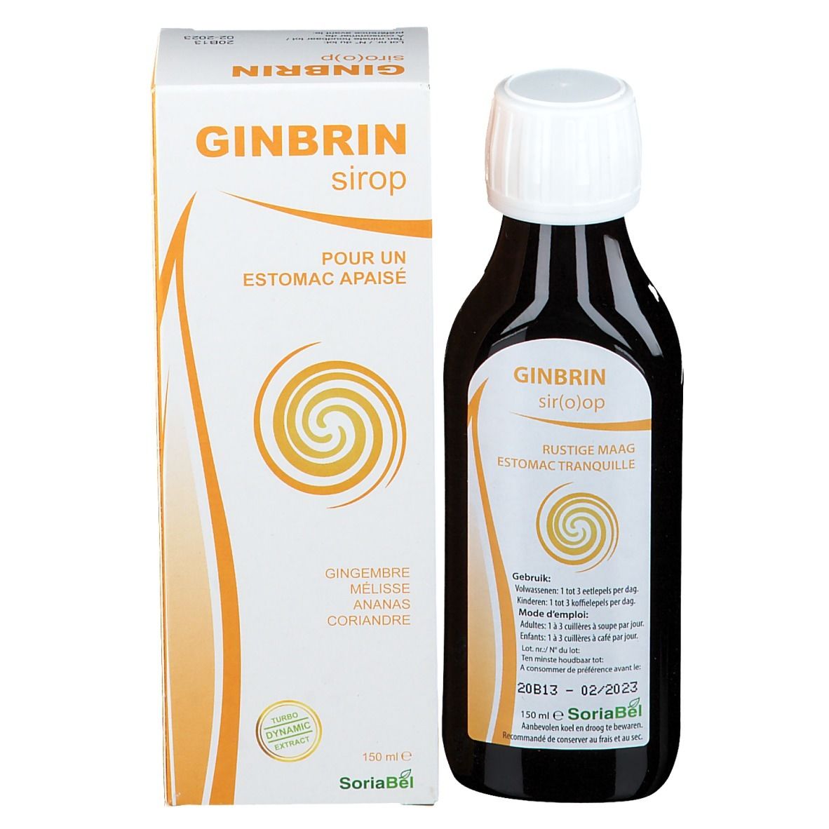 Emballage produit avec flacon. Inscriptions: Ginbrin sirop, Pour un Estomac Apaisé. SoriaBel. Flacon: Ginbrin Siriojop, Rustige Maag.