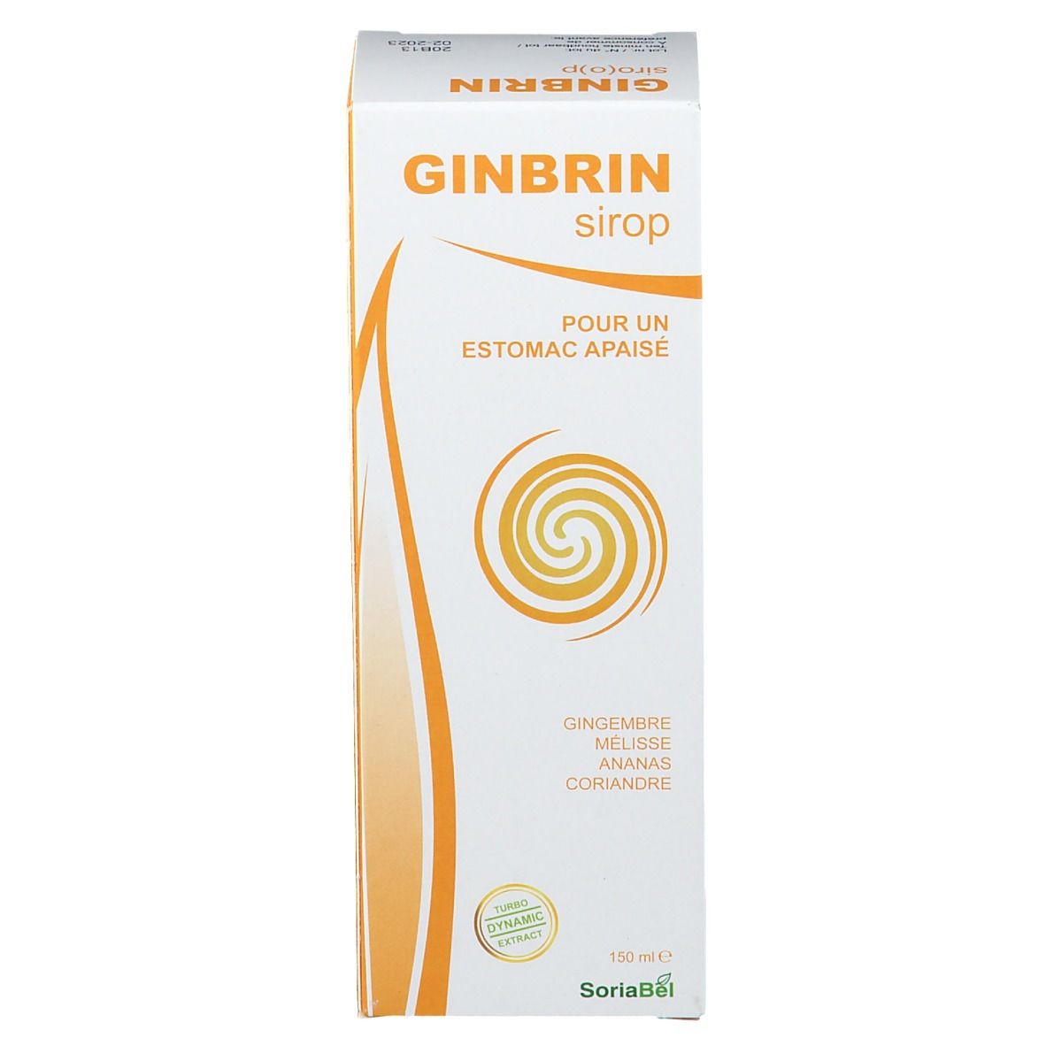 Emballage produit blanc. Inscriptions: Ginbrin sirop, Pour un Estomac Apaisé. SoriaBel. Avec ingrédients.