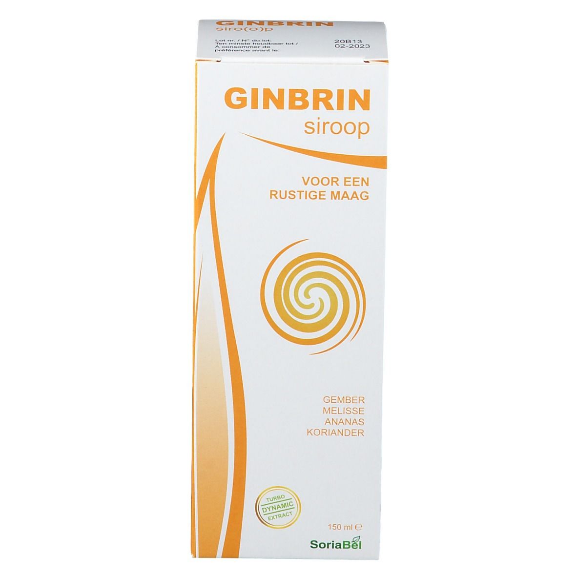 Emballage produit. Inscriptions: Ginbrin sirop, Voor een Rustige Maag. SoriaBel. Avec ingrédients.