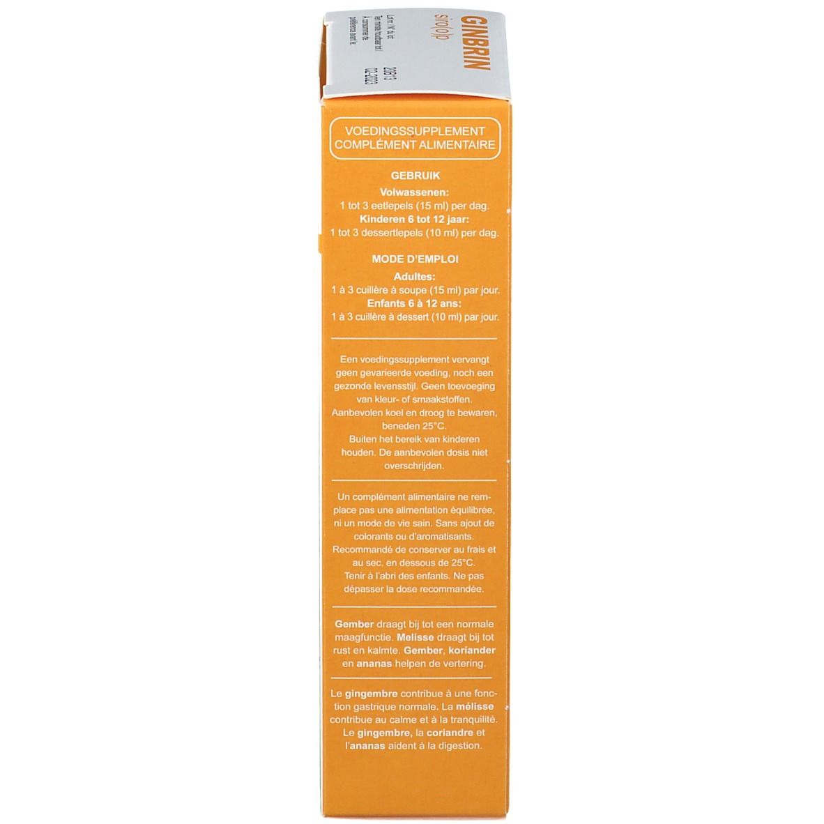 Emballage produit, côté. Inscriptions: Voedingssupplement, SoriaBel. Mode d'emploi et ingrédients.