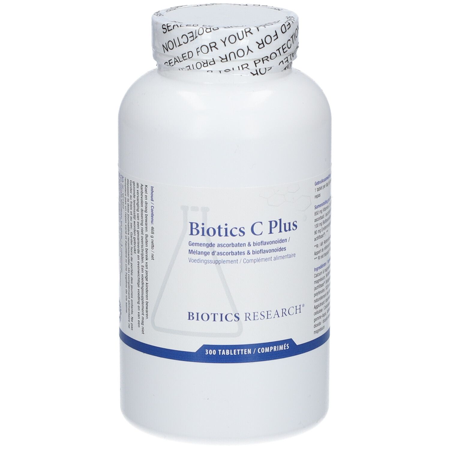 Flacon blanc Biotics C Plus. Inscription: 100 comprimés. Sceau sur le couvercle.