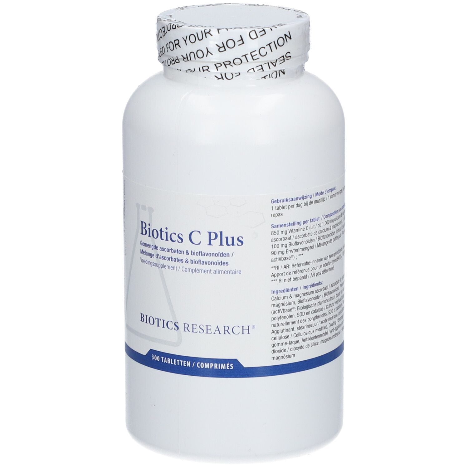 Flacon blanc Biotics C Plus. Inscription: 100 comprimés. Sceau sur le couvercle.