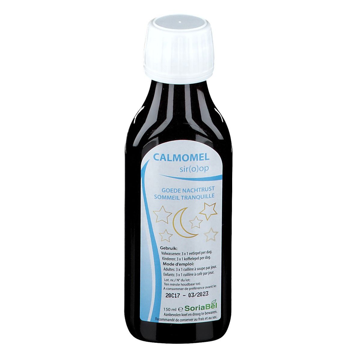 Bruine fles met witte dop. Etiket met productnaam en maan- en sterrensymbolen.