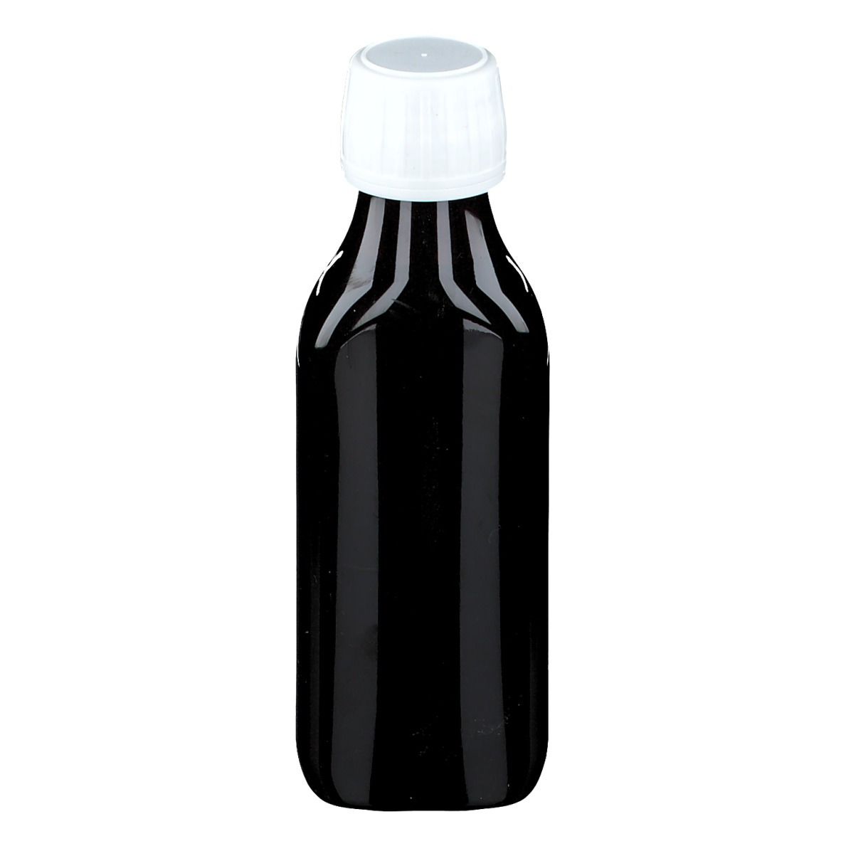 Bruine fles met witte dop. Geen etiketten zichtbaar.