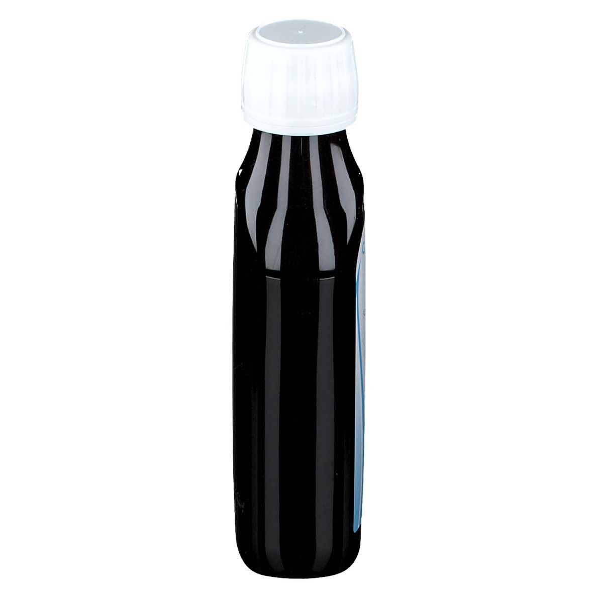 Bruine fles met witte dop, zijaanzicht. Geen etiketten zichtbaar.