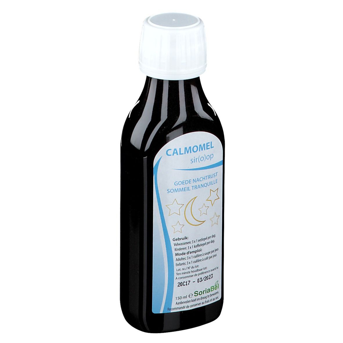 Bruine fles met witte dop. Etiket met productnaam en maan- en sterrensymbolen.
