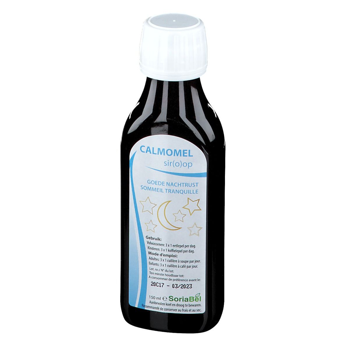 Bruine fles met witte dop. Etiket met productnaam en maan- en sterrensymbolen.