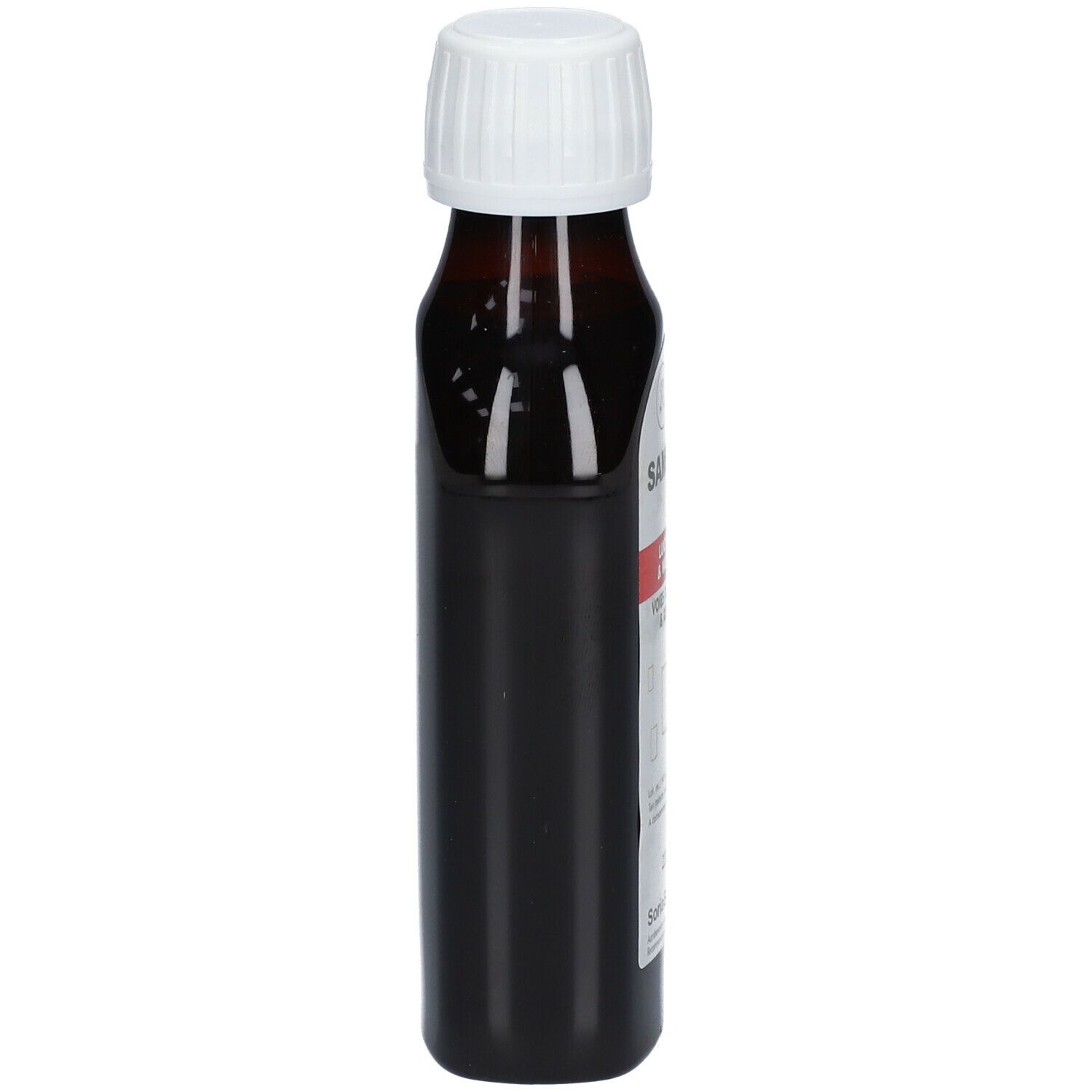 Bruine fles met witte dop, zijaanzicht. Etiket met productnaam en tekst. Merk Soria Bel.