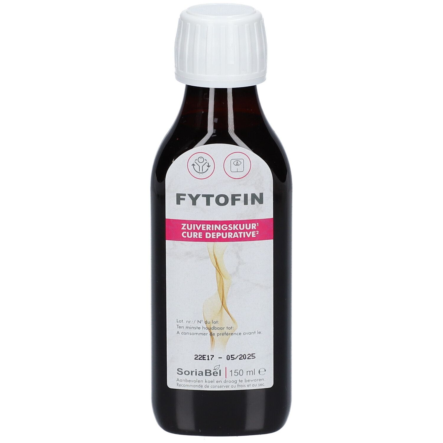Flacon en verre brun avec bouchon blanc. Étiquette avec nom du produit, texte et logo. Inscription : Fytofin, Zuiveringskuur, Cure Depurative.