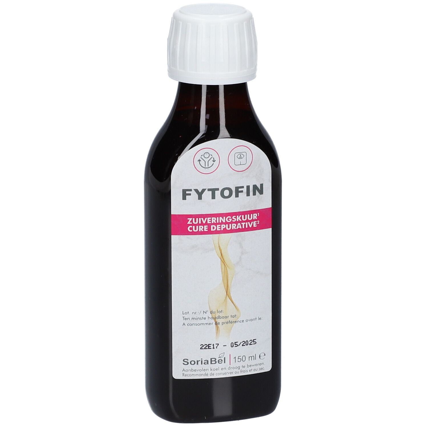 Flacon en verre brun avec bouchon blanc. Étiquette avec nom du produit, texte et logo. Inscription : Fytofin, Zuiveringskuur, Cure Depurative.