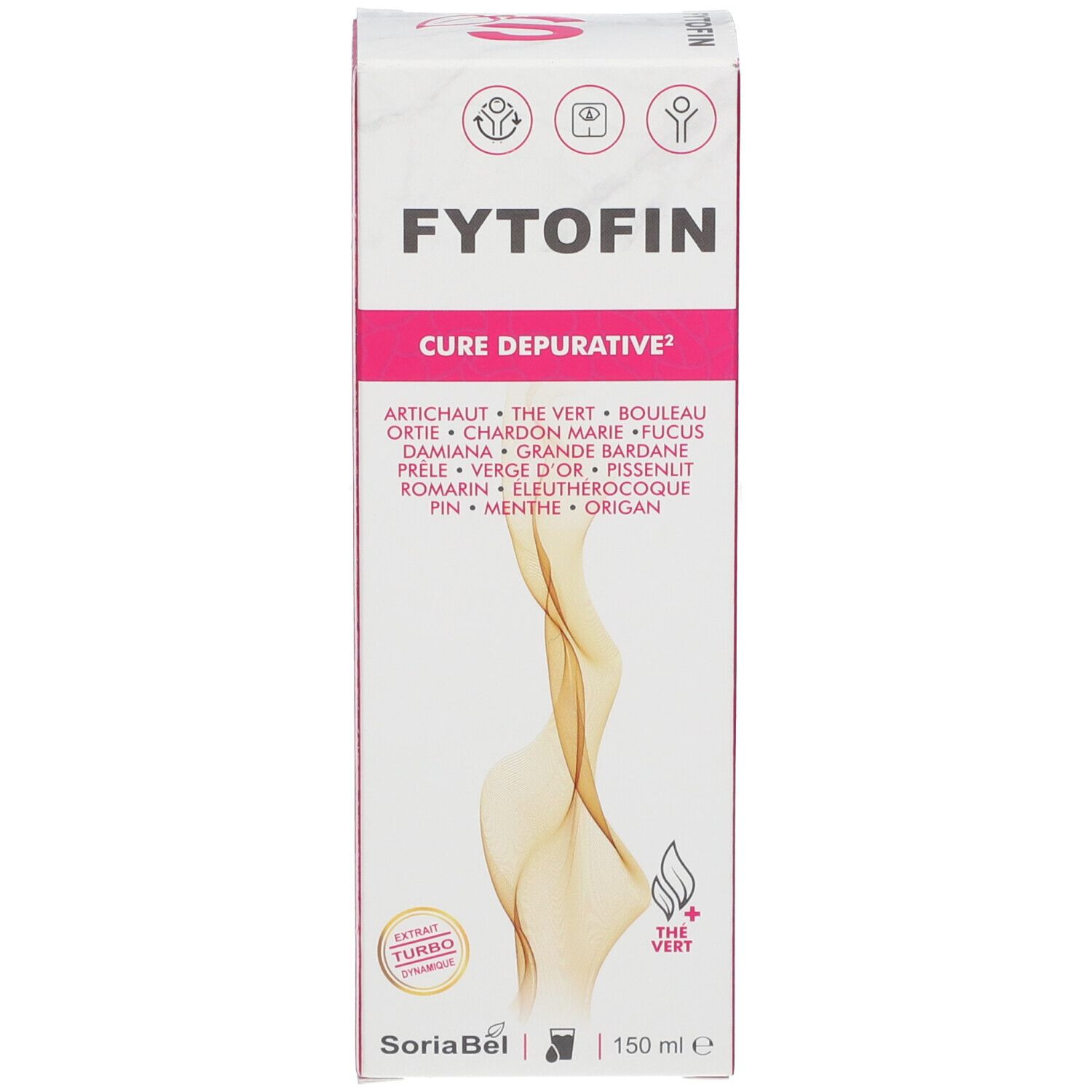 Emballage du produit. Boîte blanche avec accents roses. Nom du produit : Fytofin. Ingrédients listés. Logo et texte.