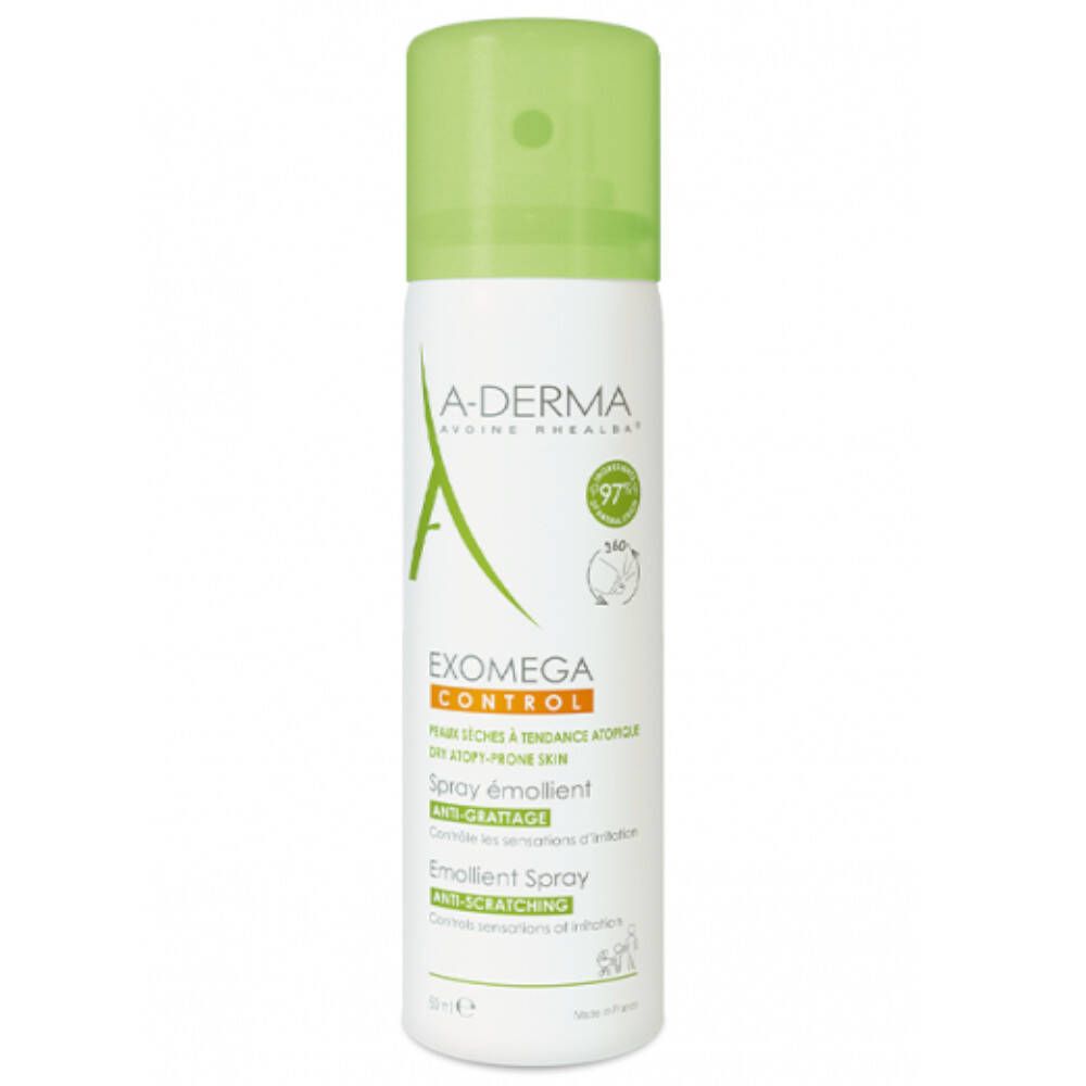 A-DERMA Exomega Control spray. Witte spuitfles met groene dop. Productnaam en logo zichtbaar.
