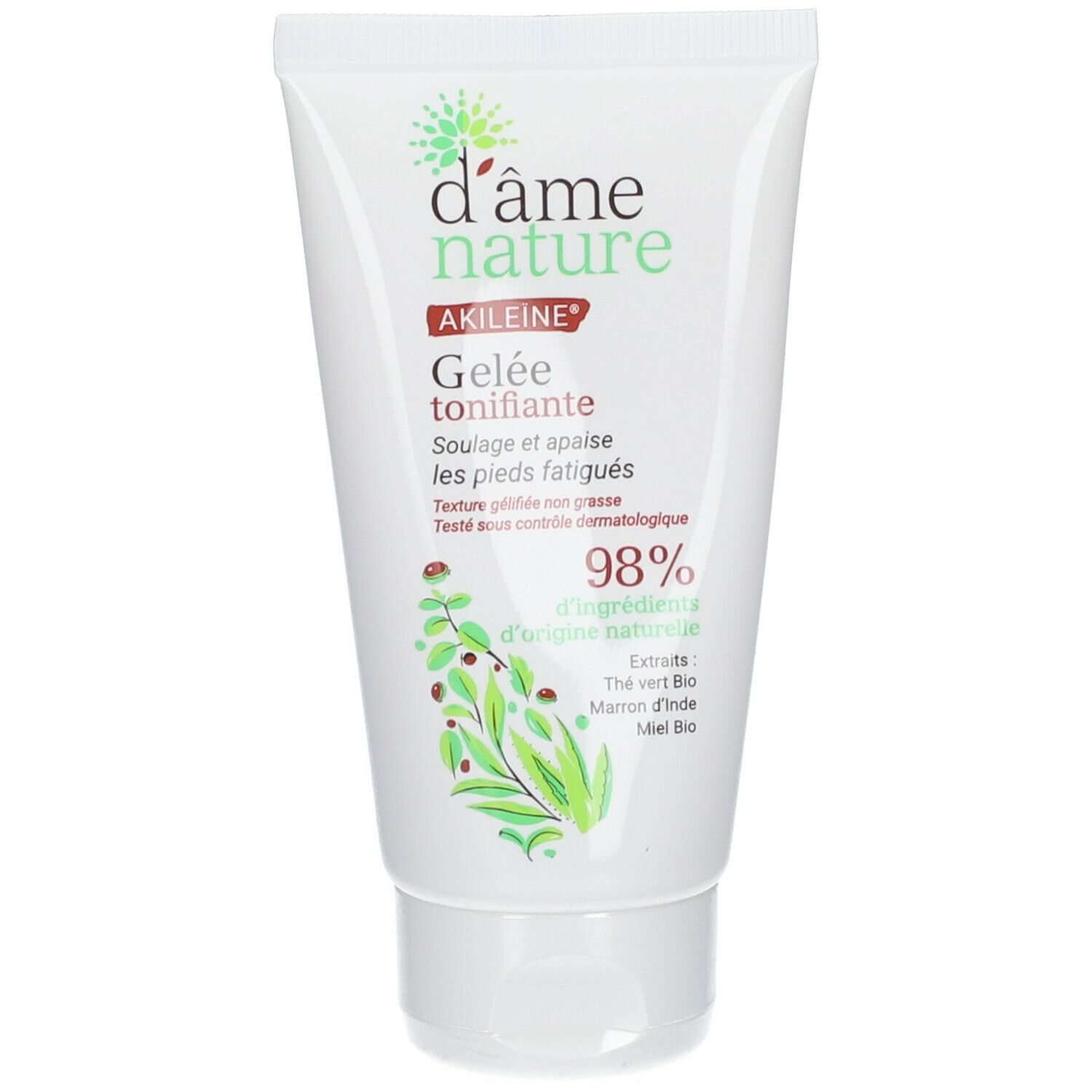 Tube blanc et vert avec texte et logo. Contient 98% d'ingrédients d'origine naturelle. Akileine Gelée tonifiante.