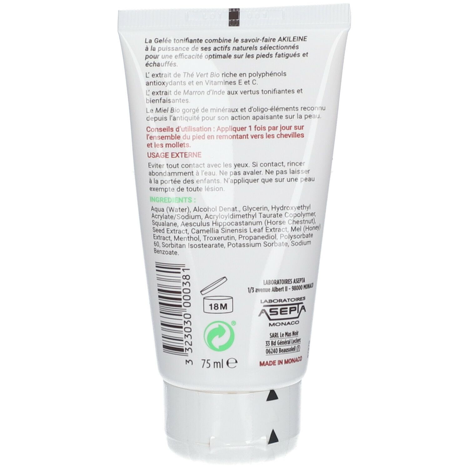 Dos du tube. Contient du texte sur les ingrédients et l'utilisation. Avec 75 ml et symbole 18M. Fabriqué à Monaco.