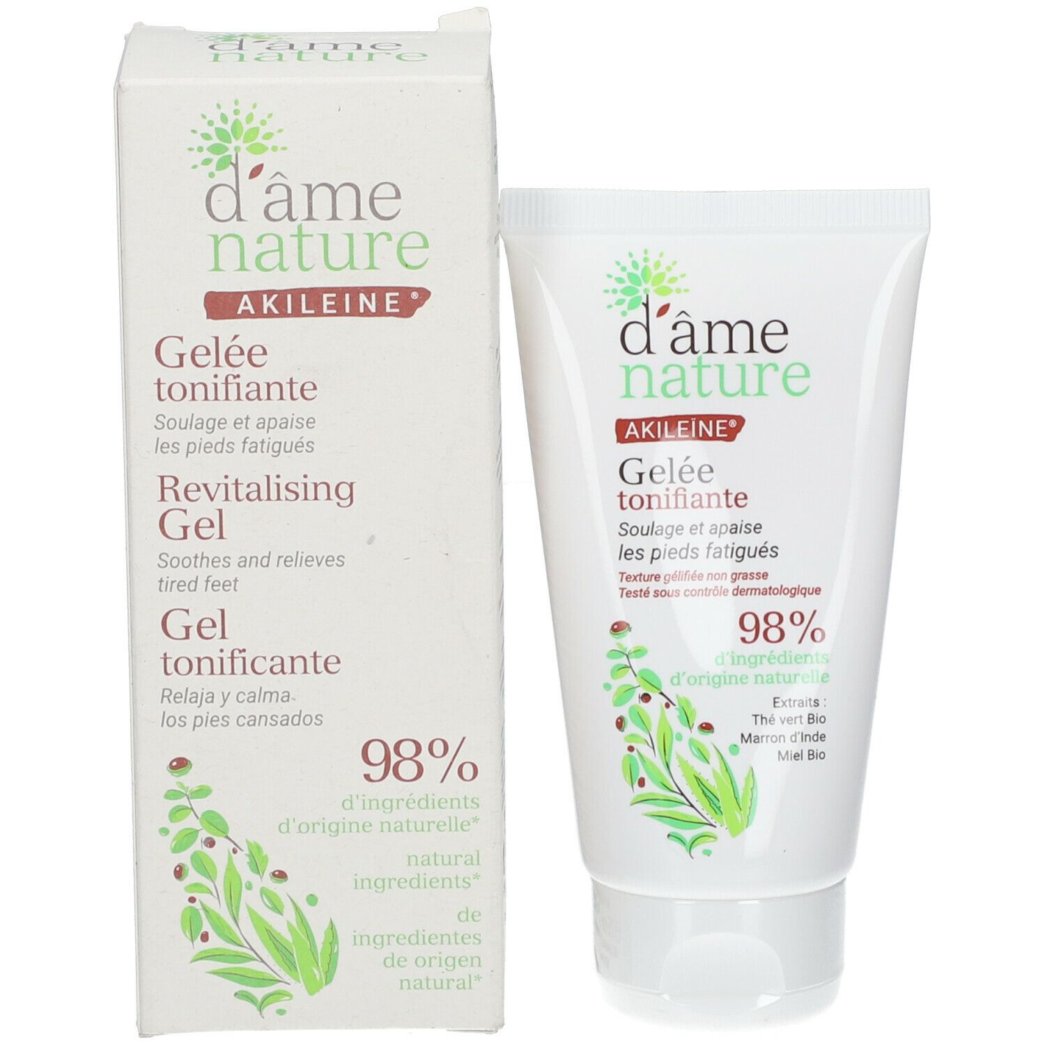Emballage du produit avec tube et boîte. Tube : blanc, vert, texte. Boîte : blanc, vert, nom du produit, 98% naturel.