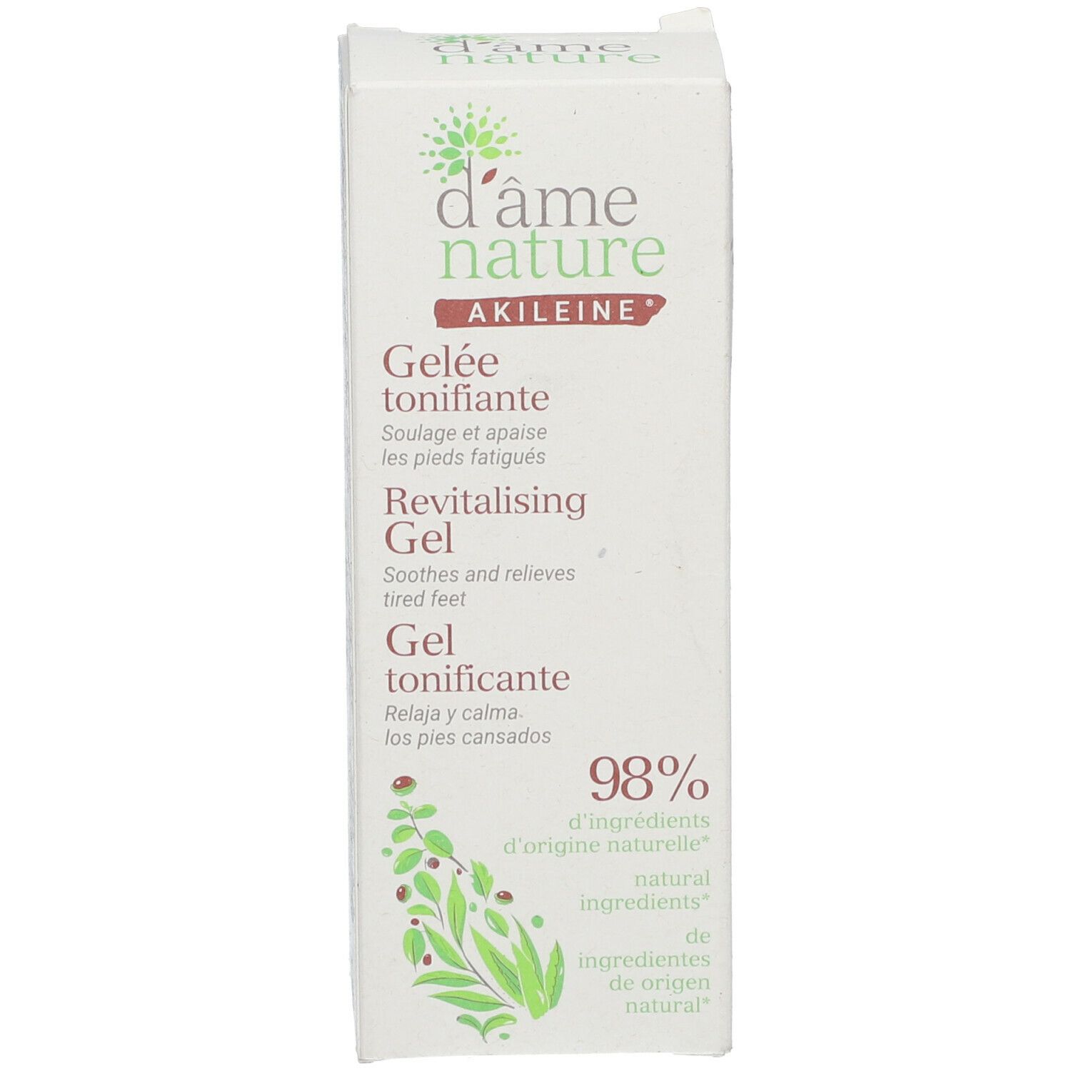 Emballage en carton. Blanc, vert, nom du produit, 98% d'ingrédients naturels. Texte multilingue. Akileine Gelée tonifiante.