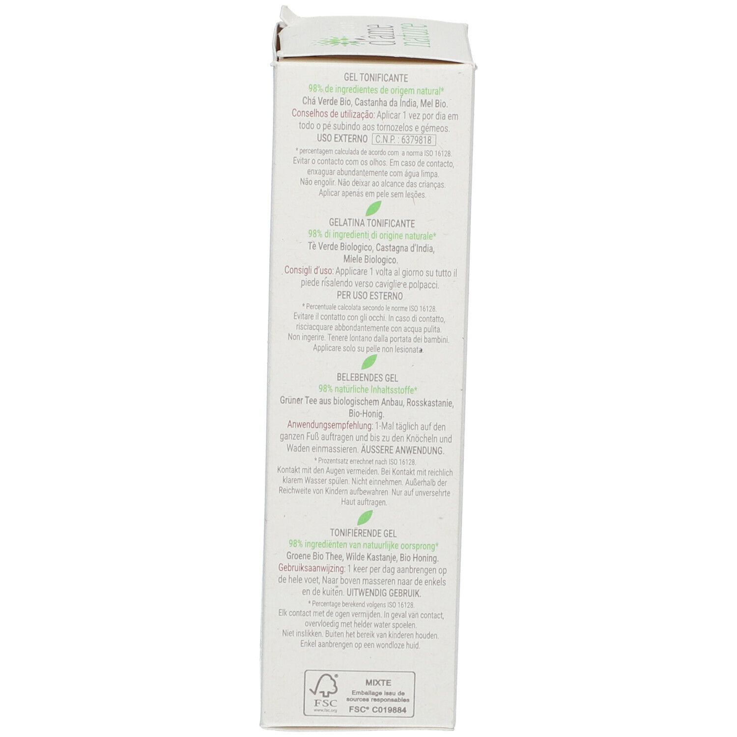 Emballage en carton avec texte multilingue. Contient des informations sur les ingrédients et l'utilisation. Logo FSC.